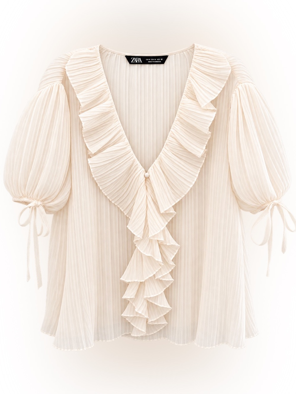 ZARA Cream Pleated Ruffle V-Neck Puff Sleeve Blouse Size M